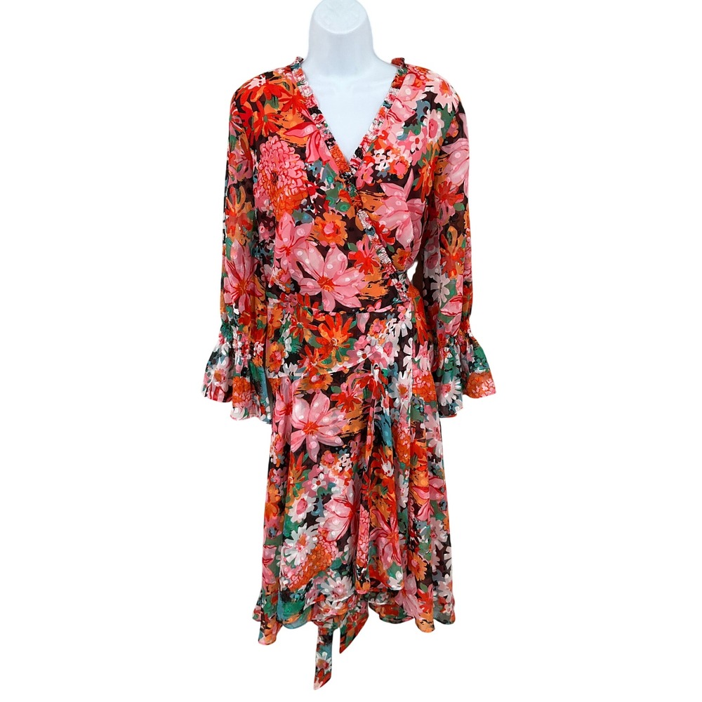 Tahari Wrap Dress Womens 16 Pink Floral Ruffle Bell Sleeve Midi Boho